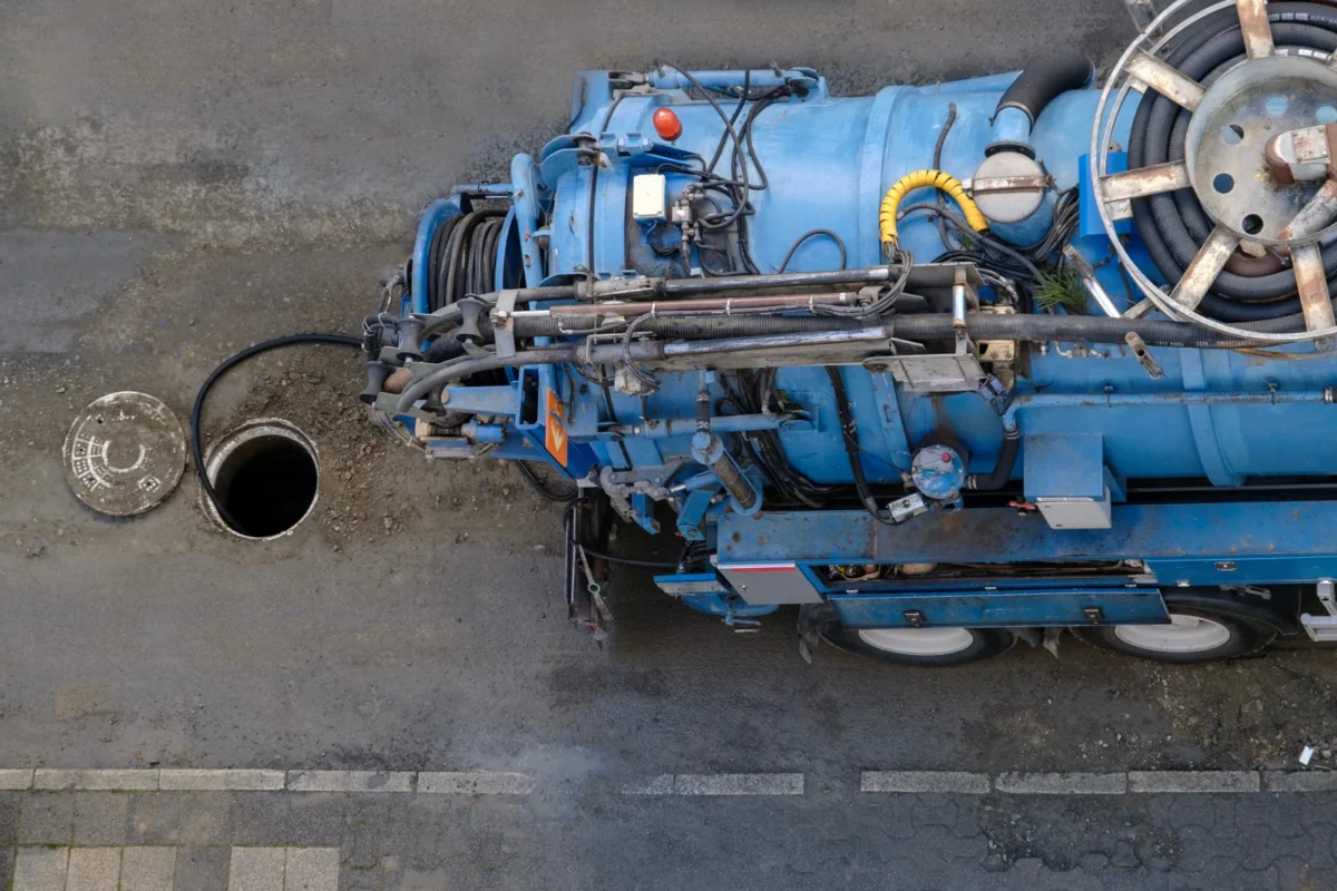 Overhead view of a vacuum tanker and an open drainage access chamber