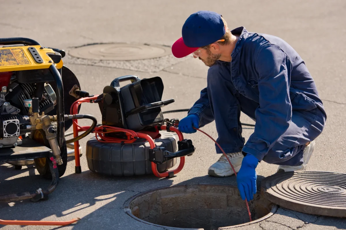 A drainage technician operating inspection and cleaning equipment beside an open manhole.