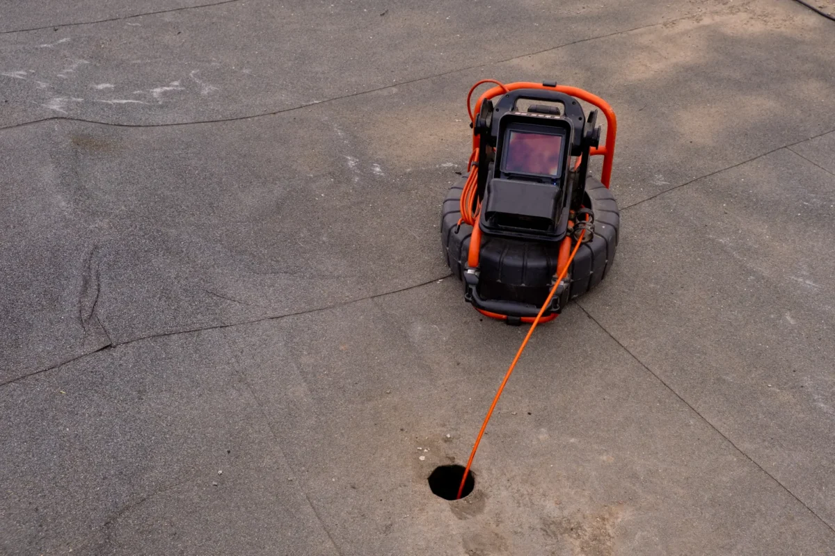 Portable pipe inspection camera lowered through a floor access opening.