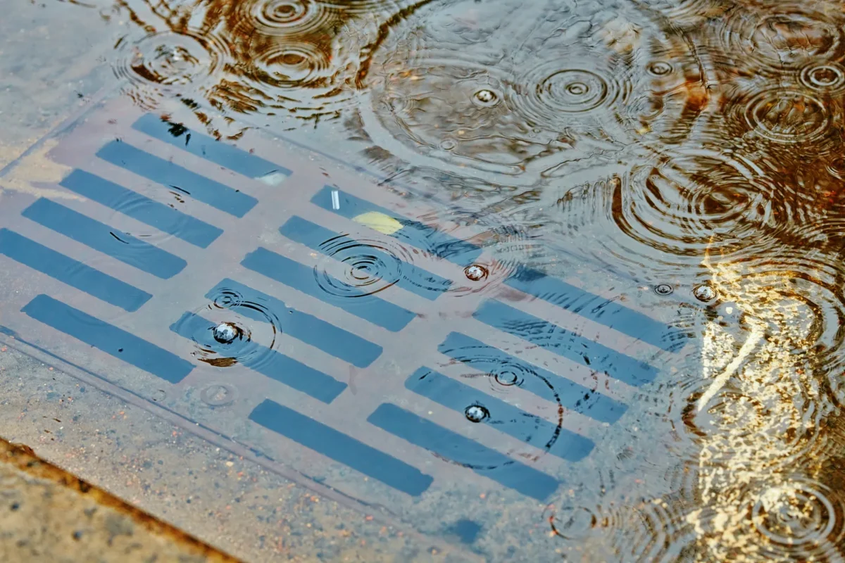 Rainwater pooling over a blocked street drain.
