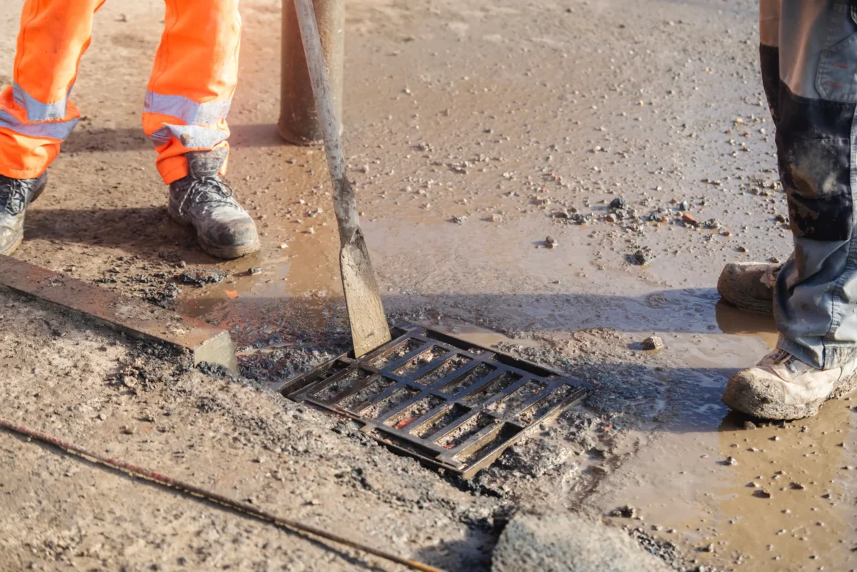 Workers opening a silted road gully for cleaning.